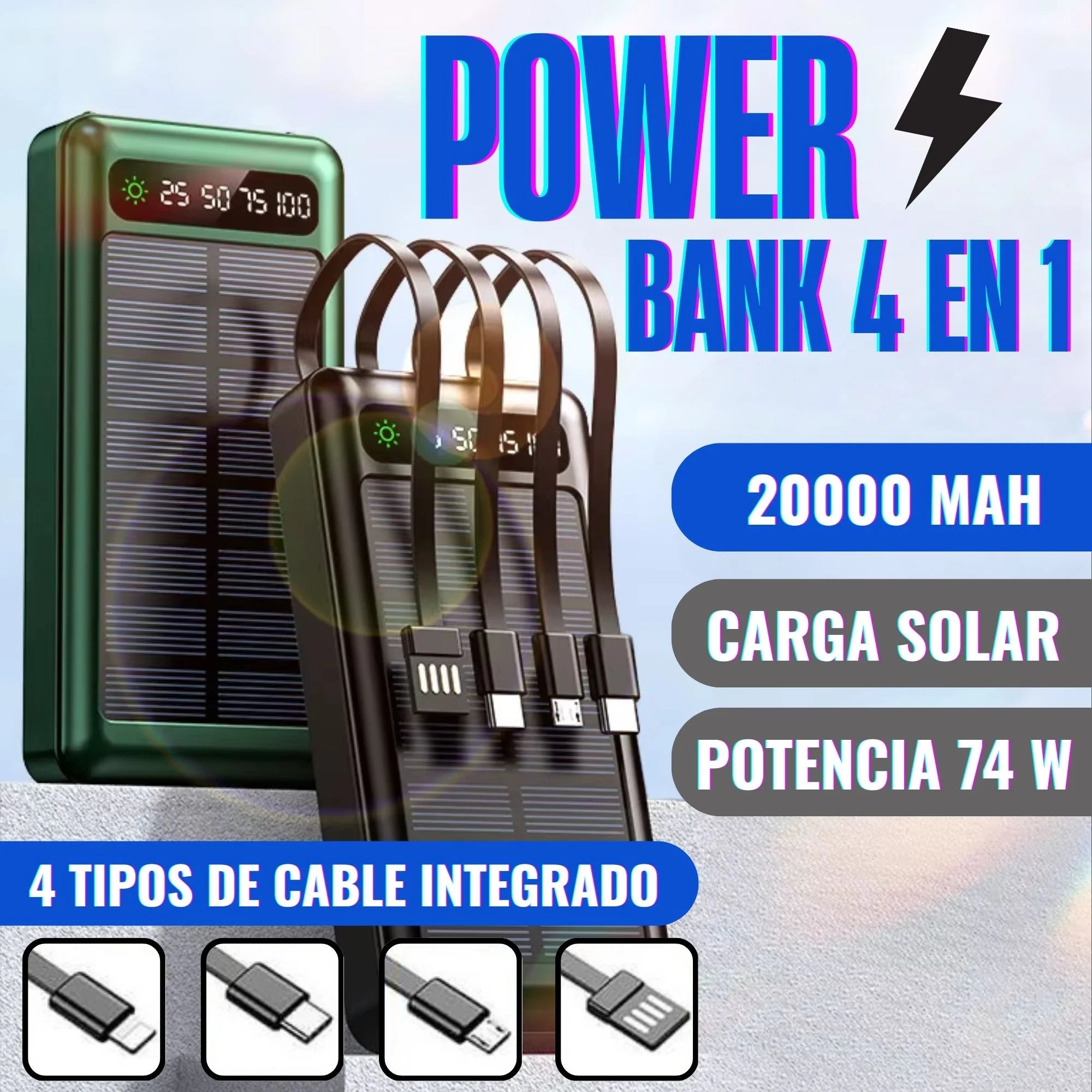 POWER BANK SOLAR (4 EN 1) 20000 mAh DE ENERGÍA ILIMITADA